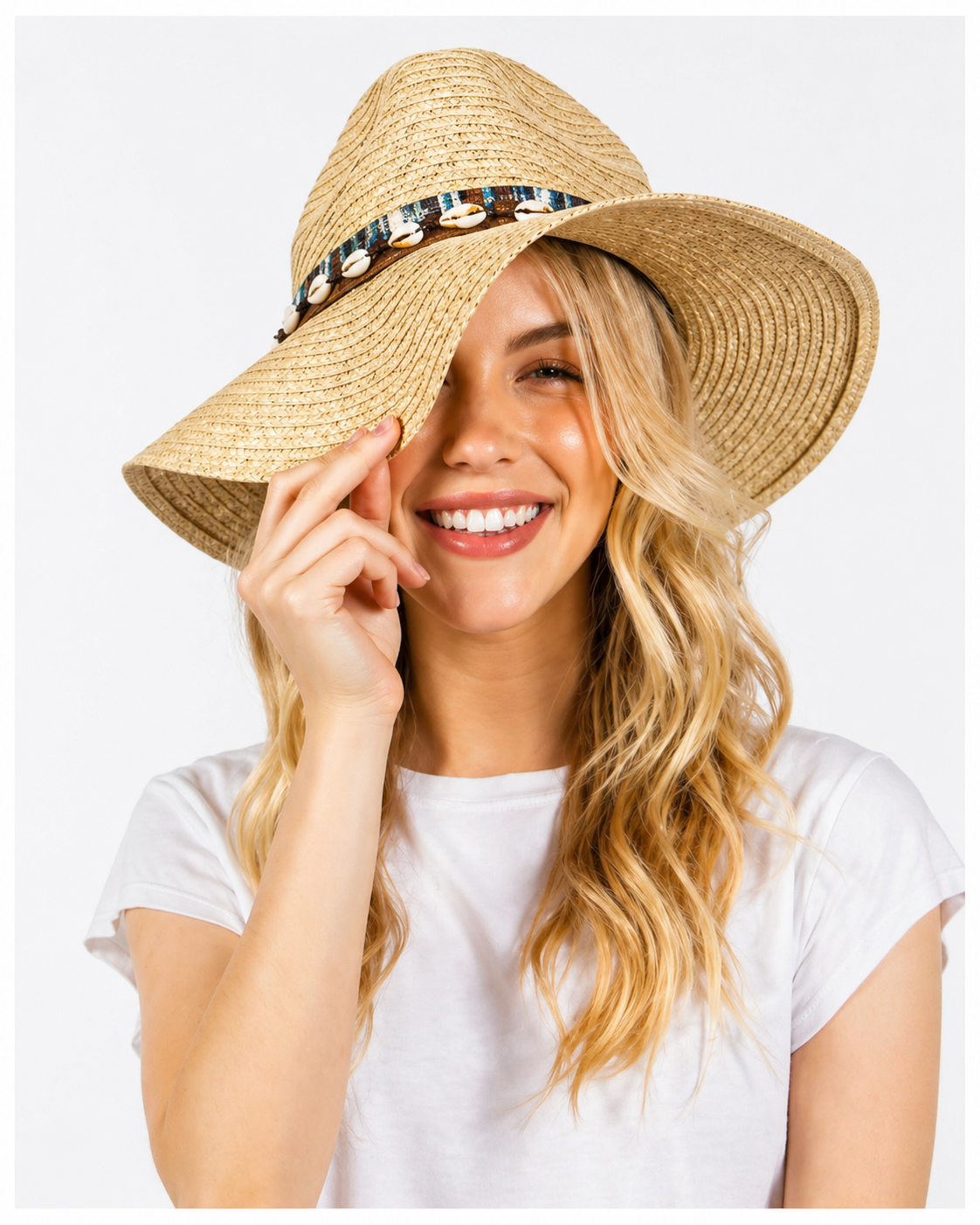 Wide Brim Straw Fedora Hat with Shell Band – Natural Boho Beach Hat