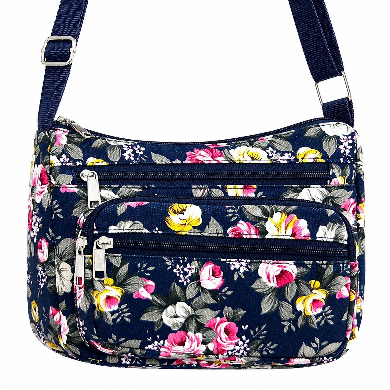 Floral Canvas Crossbody Purse-Adjustable Strap & Multi Zip Pockets