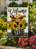 Highland Cow Sunflower Welcome Garden Flag – Farmhouse Buffalo Check Outdoor Yard Decor