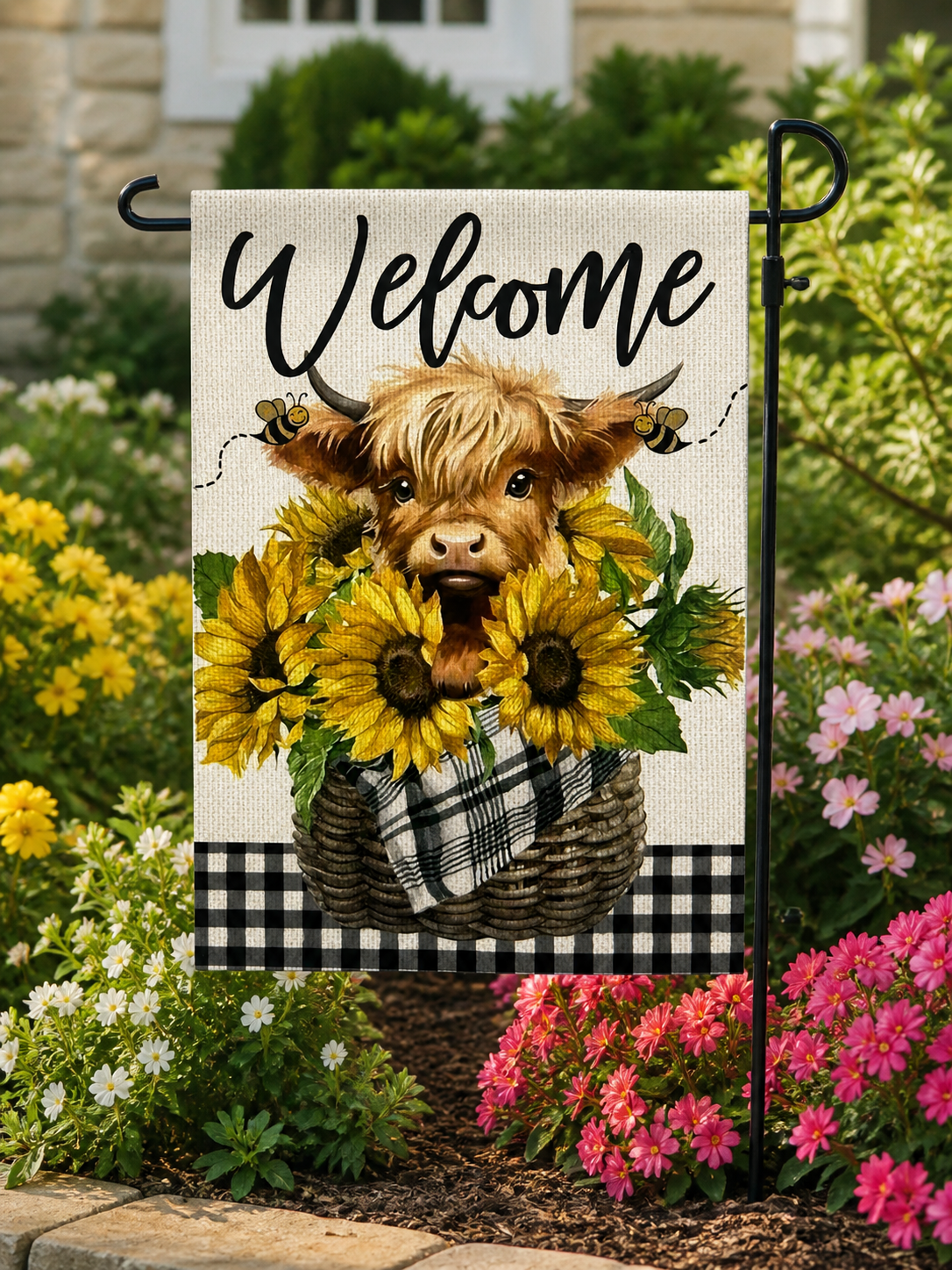 Highland Cow Sunflower Welcome Garden Flag – Farmhouse Buffalo Check Outdoor Yard Decor
