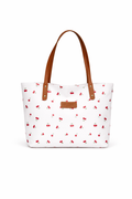 White Cherry Print Tote Bag for Women – White Canvas Shoulder Bag with Brown Leather Straps