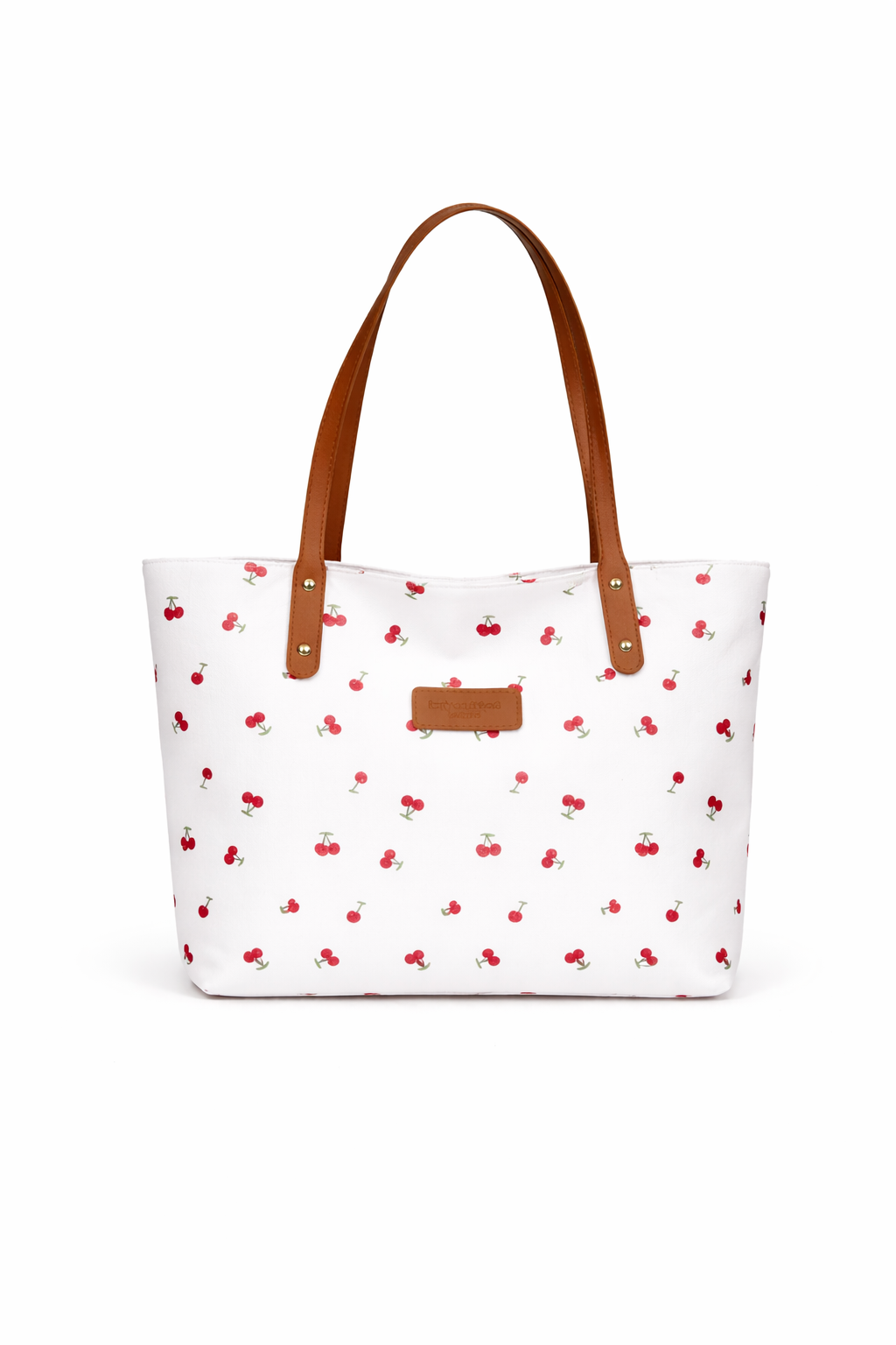 White Cherry Print Tote Bag for Women – White Canvas Shoulder Bag with Brown Leather Straps