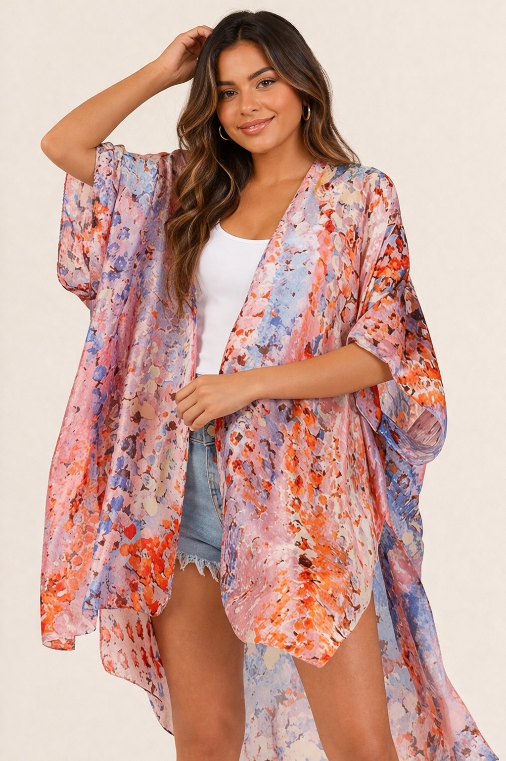 Abstract Floral Sheer Kimono Cardigan – Lightweight Boho Summer Layering Cover Up