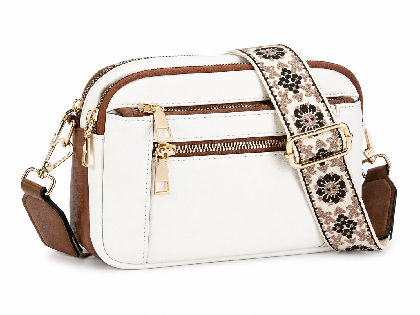 Multi-Pocket Crossbody Bag with Wide Floral Strap – Medium Everyday Shoulder Purse-Multiple color choices