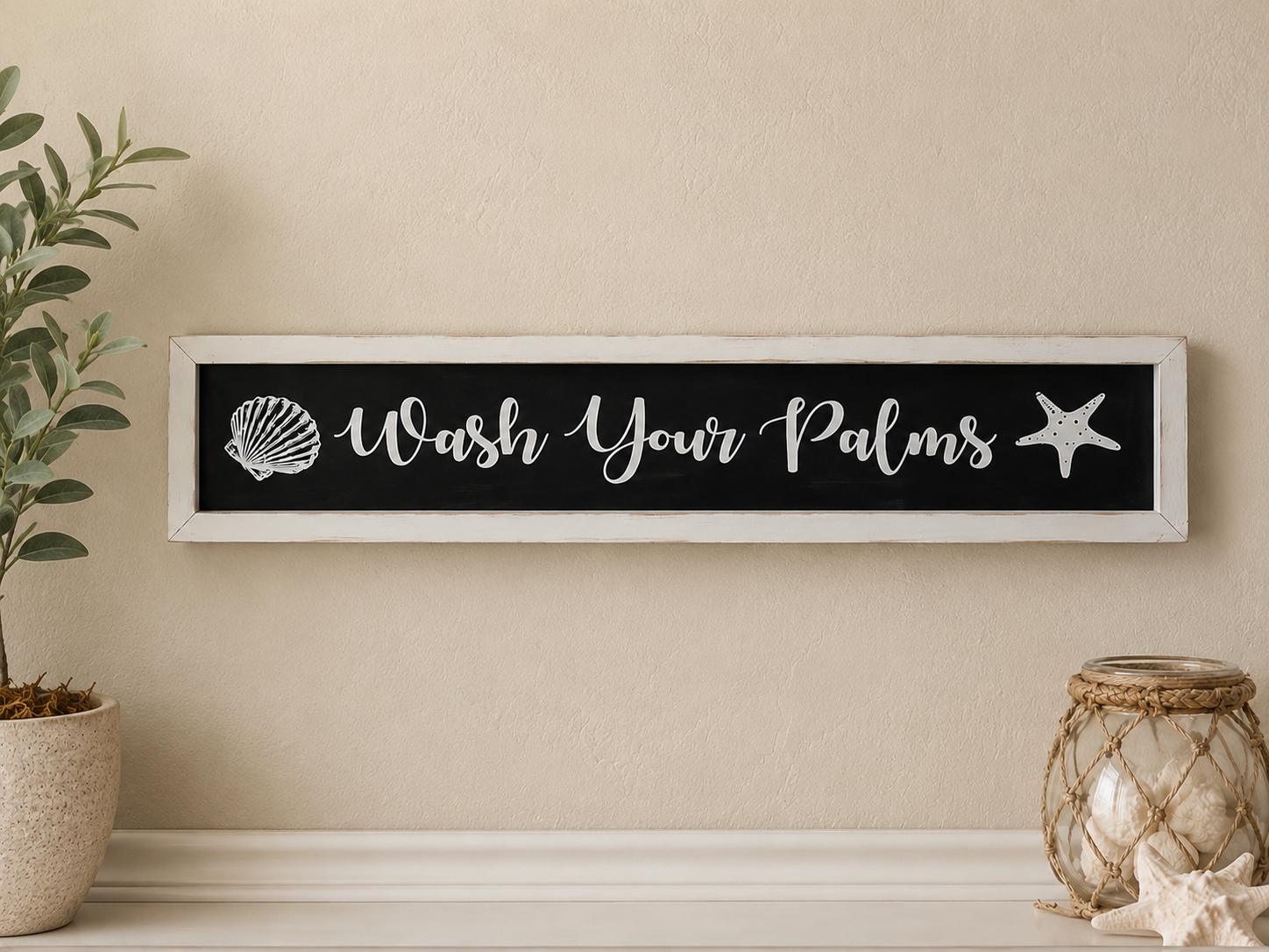 Wash Your Palms Coastal Bathroom Wall Sign – 26” Beach Bathroom Decor