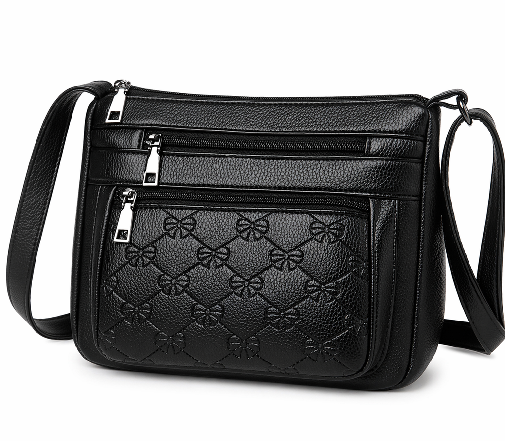 Black Multi-Zip Crossbody Bag – Quilted Bow Detail Shoulder Purse, Lightweight Everyday Handbag