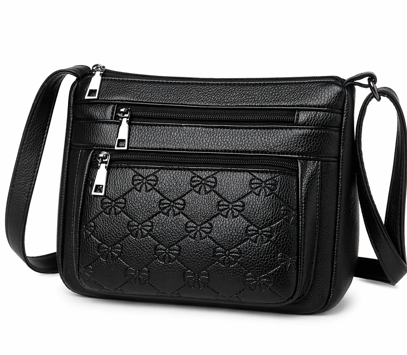 Black Multi-Zip Crossbody Bag – Quilted Bow Detail Shoulder Purse, Lightweight Everyday Handbag