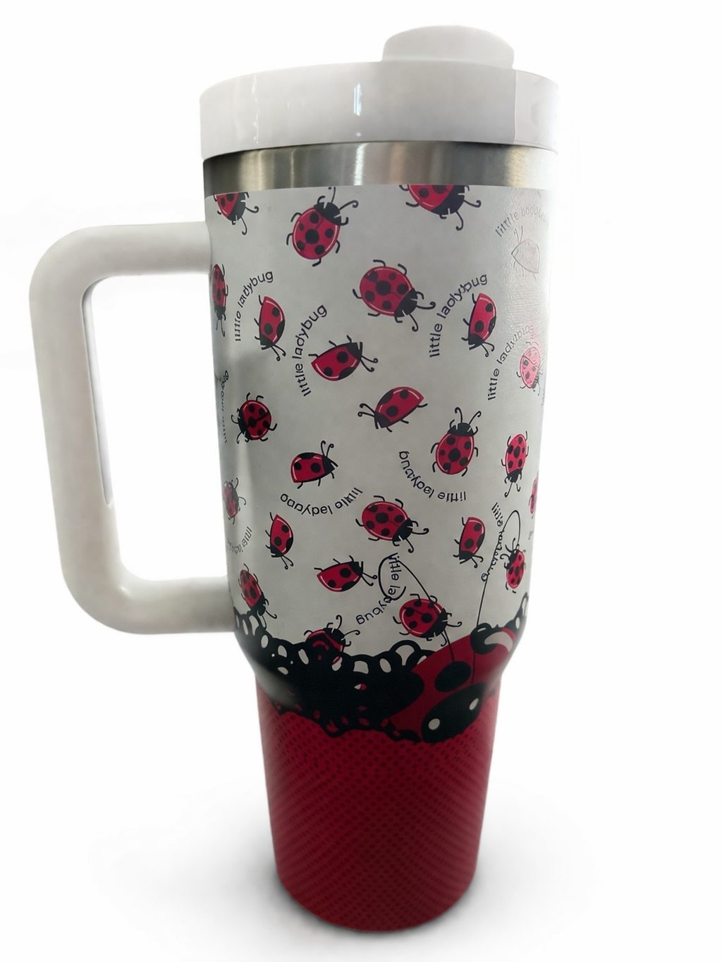 Ladybug Insulated Tumbler with Handle – 40 oz Stainless Steel Travel Mug, Red & White Gift for Women