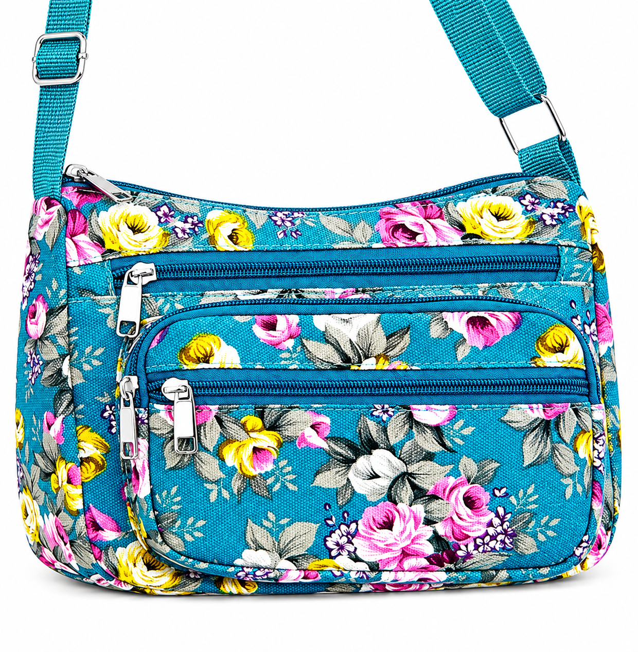 Floral Canvas Crossbody Purse-Adjustable Strap & Multi Zip Pockets