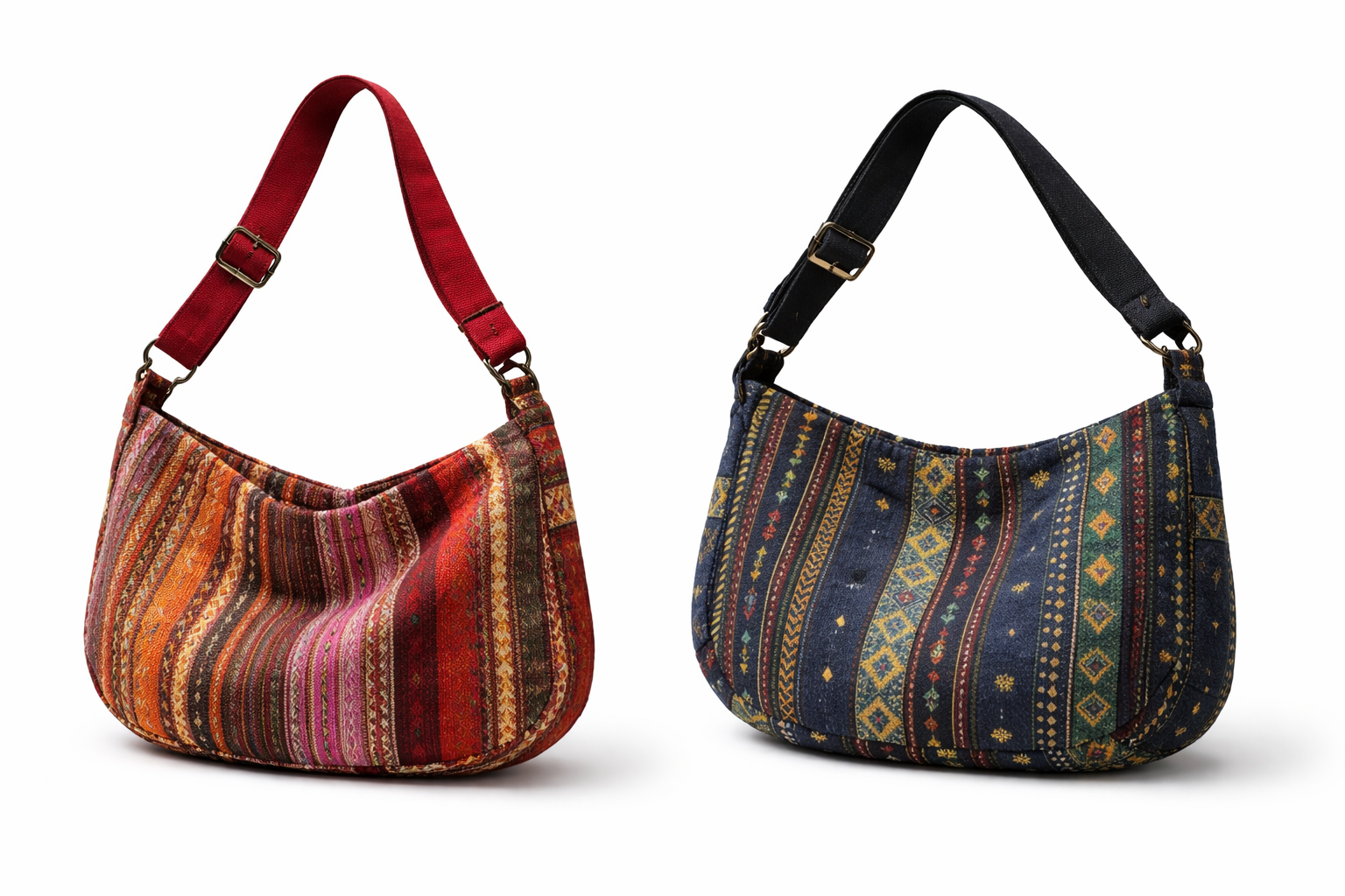 Boho Hobo Shoulder Bag for Women – Navy Geometric Pattern Slouchy Handbag with Adjustable Strap