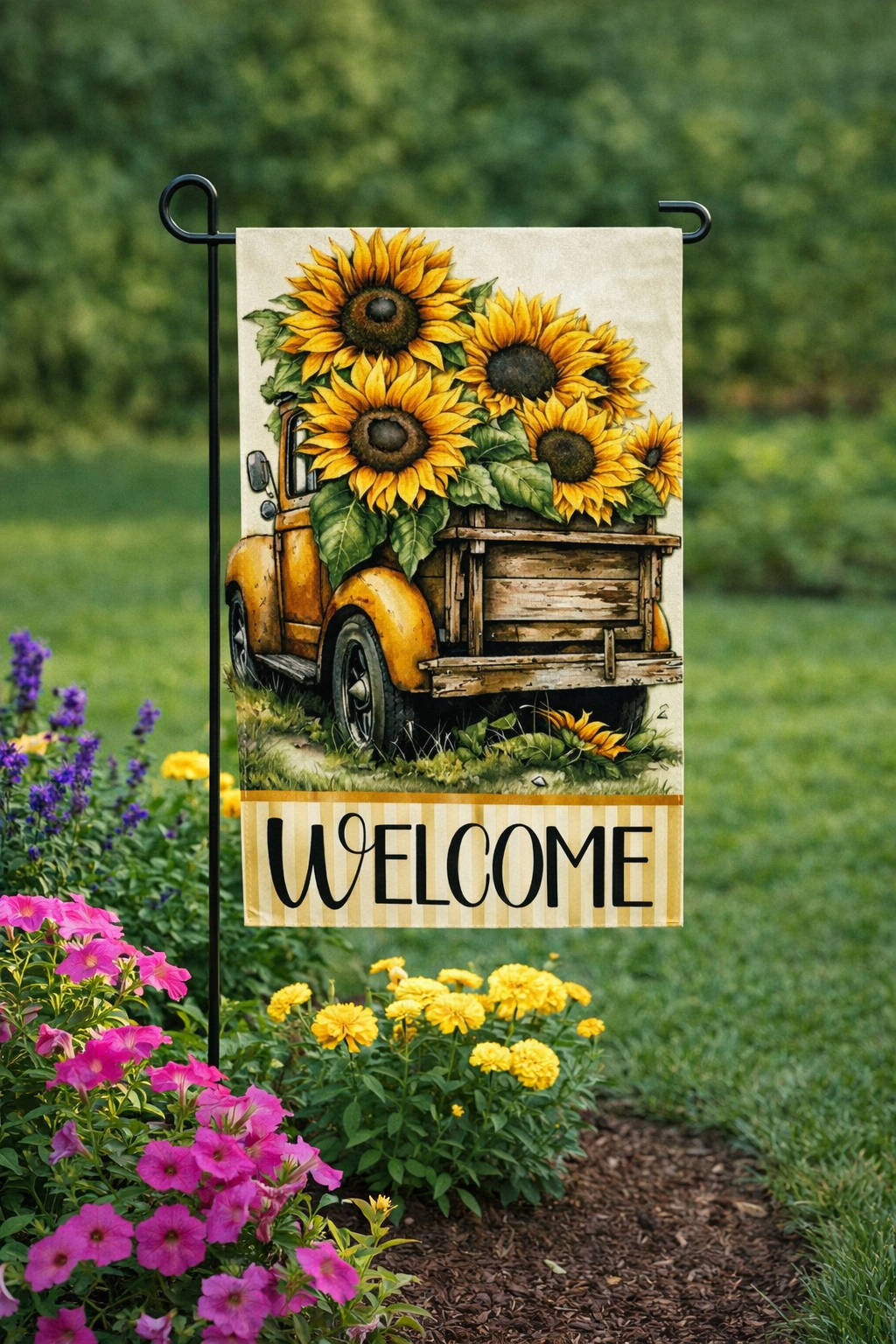 Rustic Sunflower Truck Garden Flag