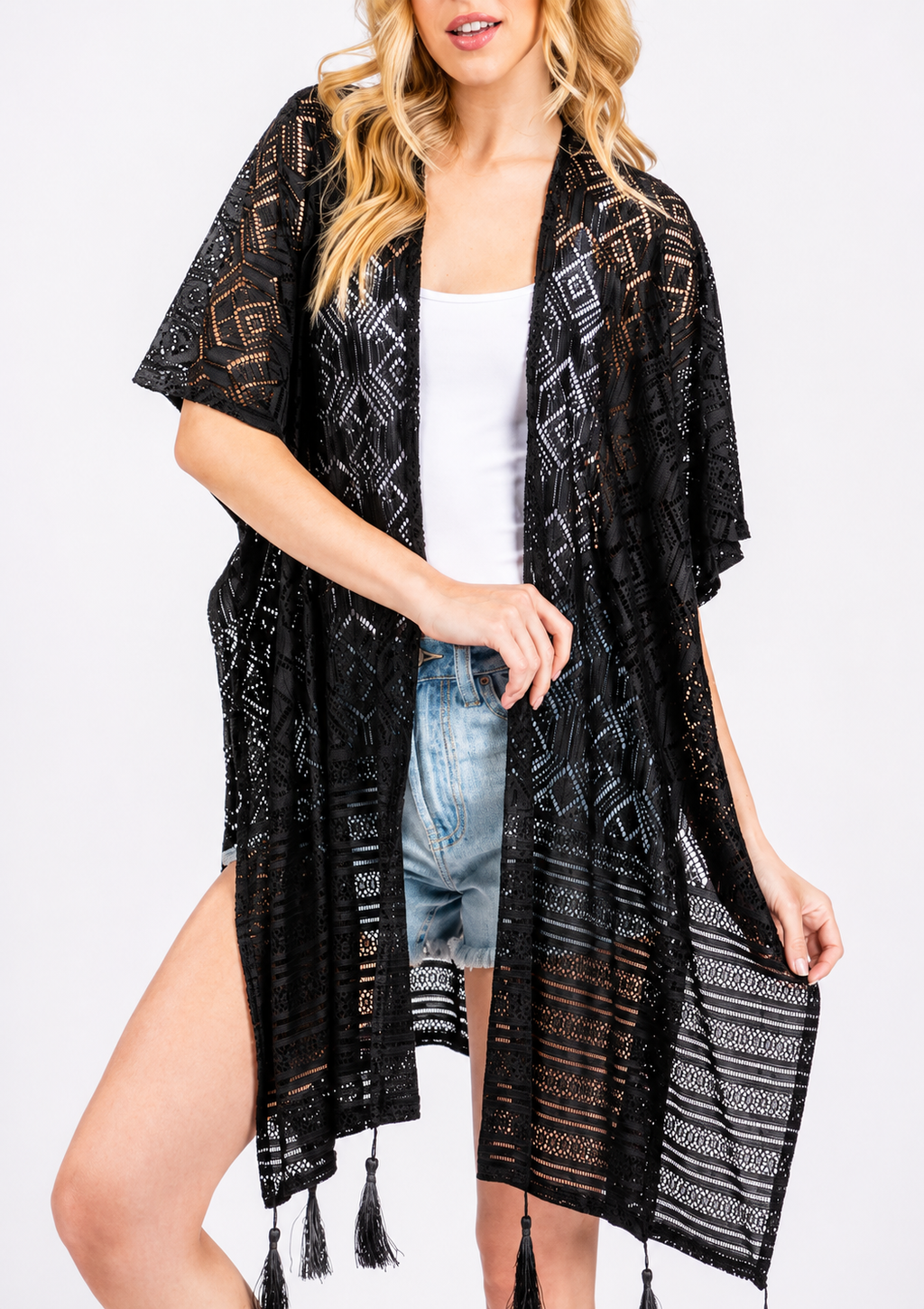 Black Crochet Tassel  Kimono Cover Up
