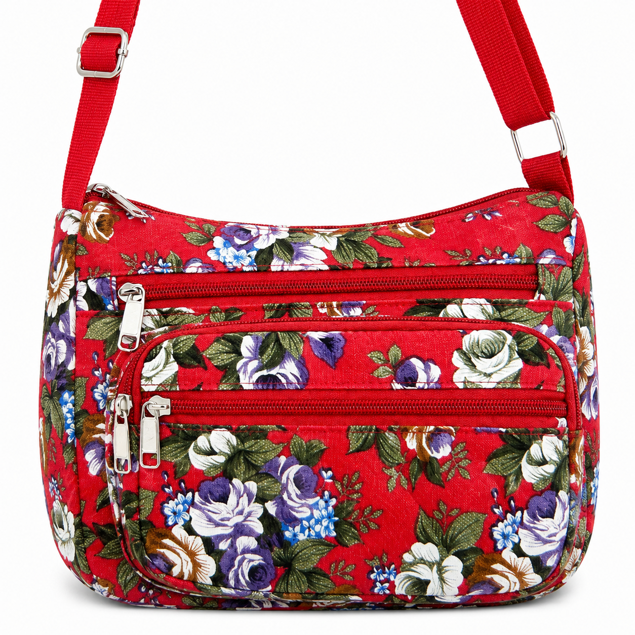 Floral Canvas Crossbody Purse-Adjustable Strap & Multi Zip Pockets