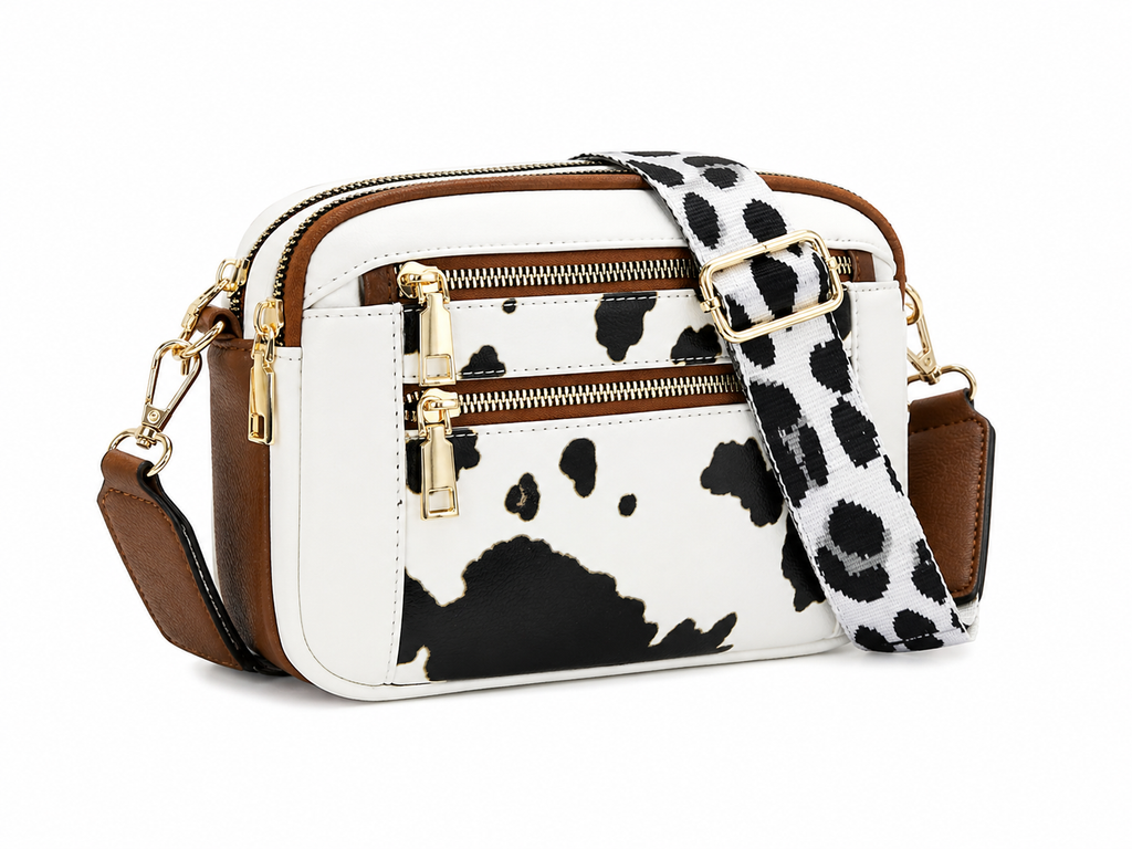 Cow Print & Solid Crossbody Bag with Wide Strap – Multi Pocket Western Style Shoulder Purse (Medium)-Multiple color choices