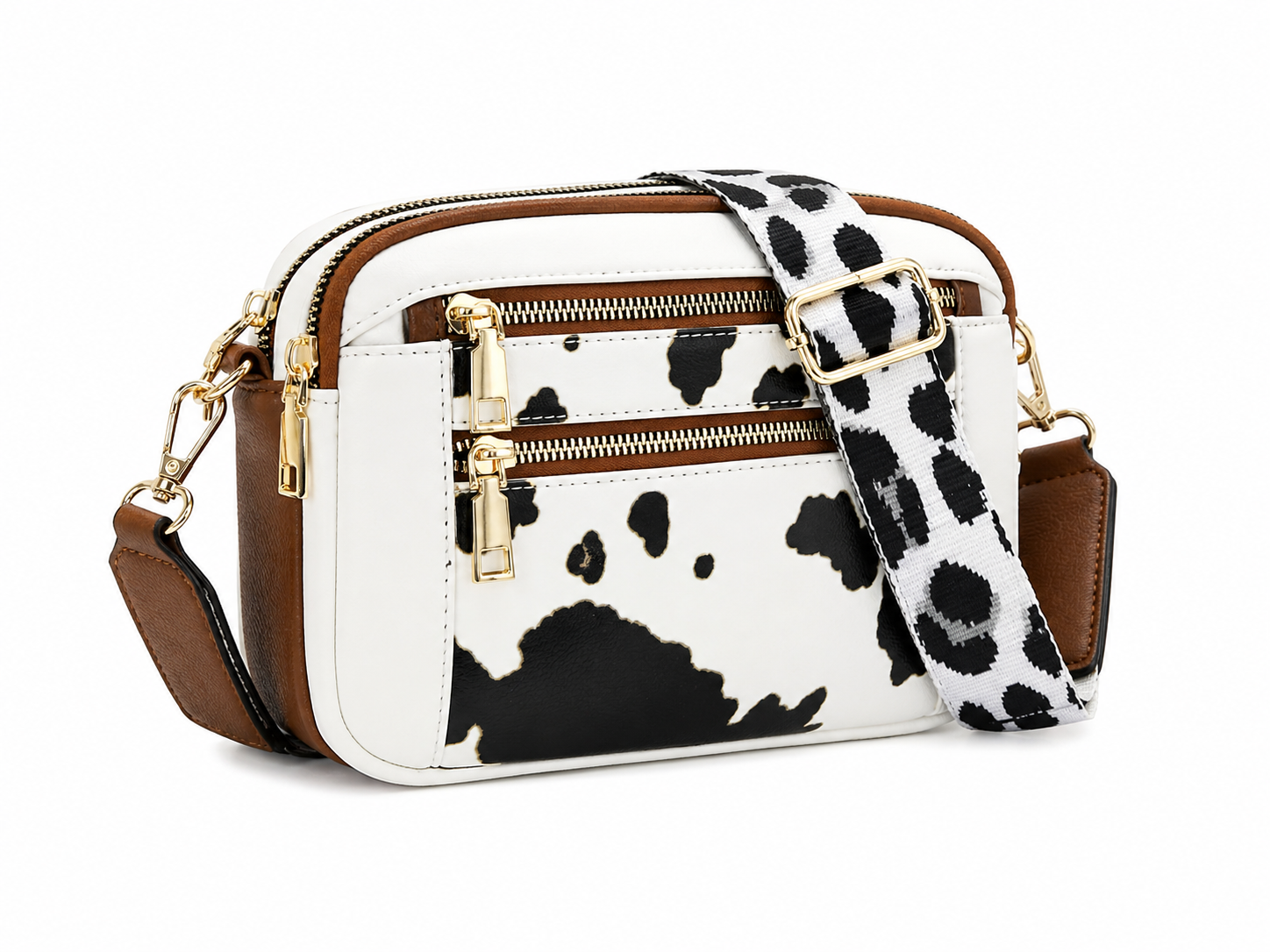 Cow Print & Solid Crossbody Bag with Wide Strap – Multi Pocket Western Style Shoulder Purse (Medium)-Multiple color choices