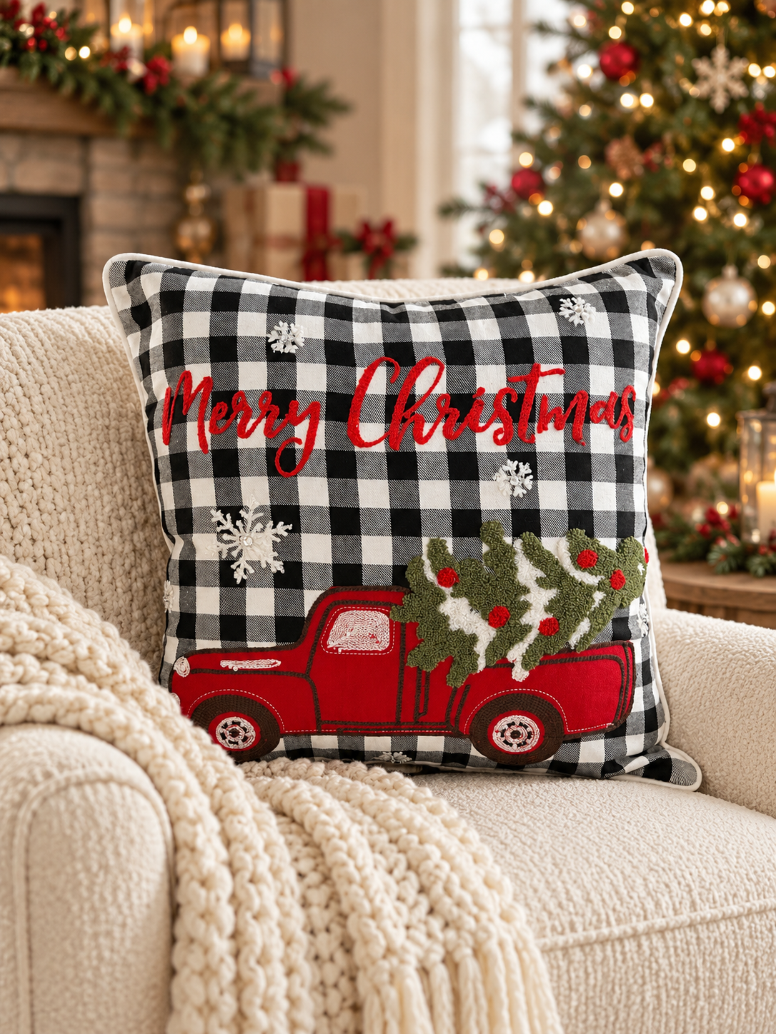 Merry Christmas Red Truck Plaid Pillow