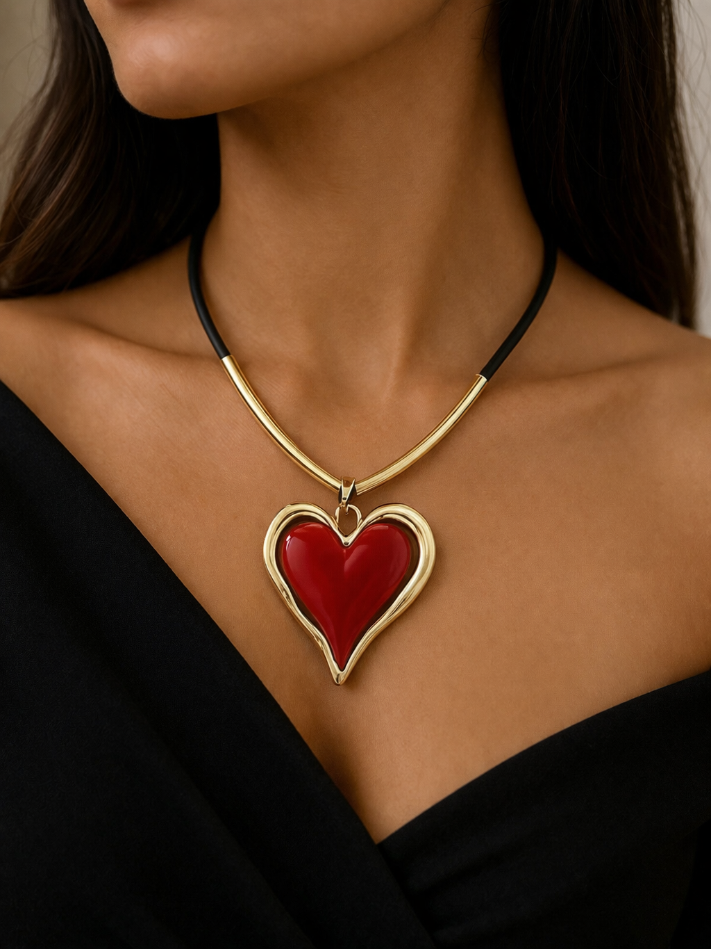 Heart Pendant Necklace on Cord – Statement Gold Tone Necklace (Red & Black Options)