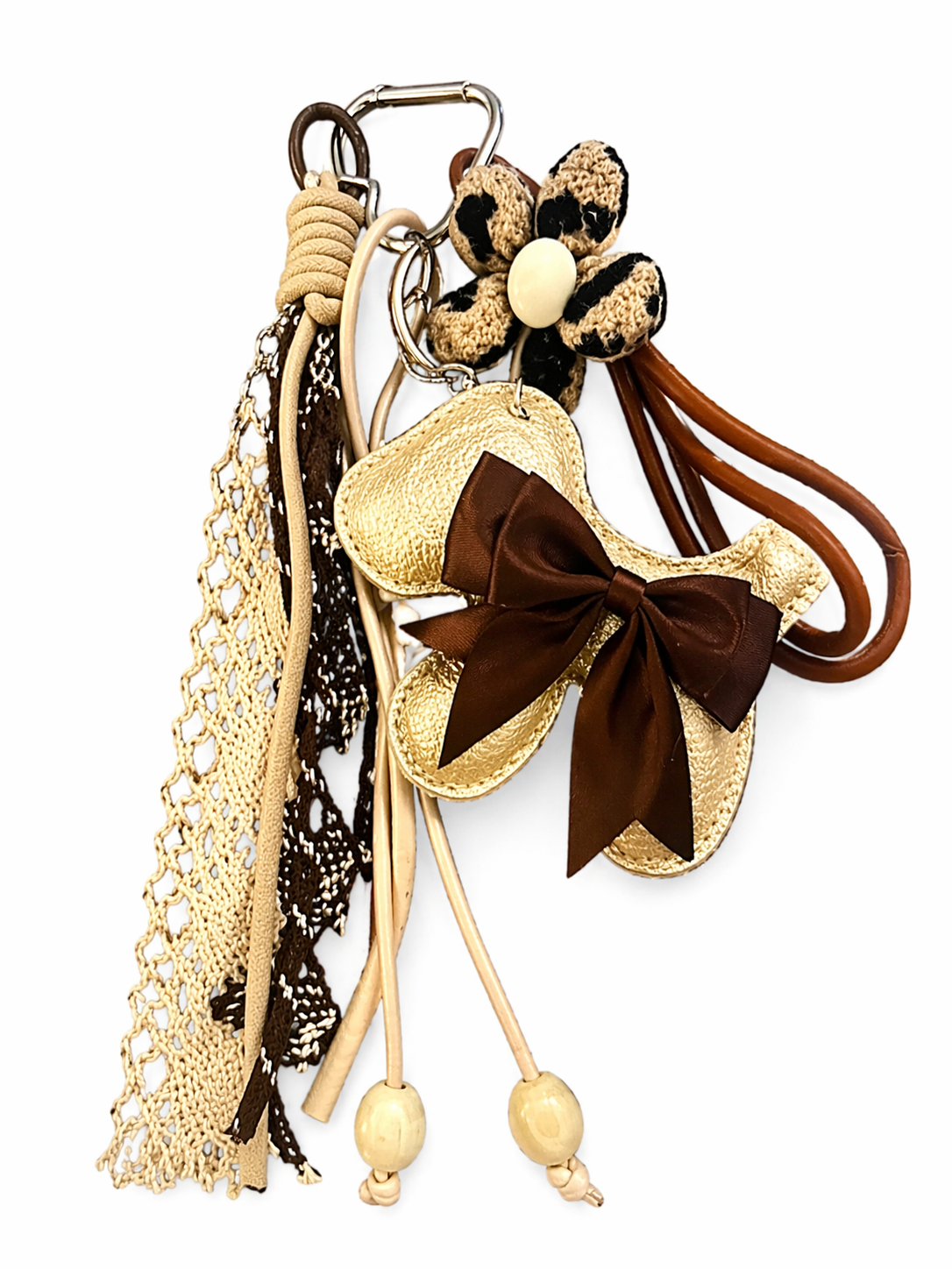 Boho Floral Bow Bag Charm Keychain – Neutral Tones Purse Accessory
