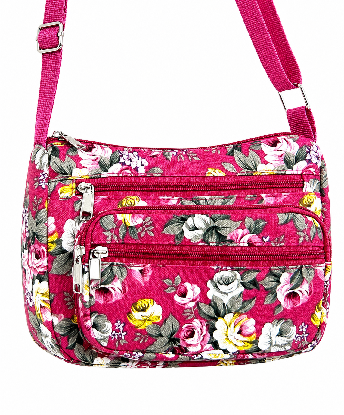 Floral Canvas Crossbody Purse-Adjustable Strap & Multi Zip Pockets