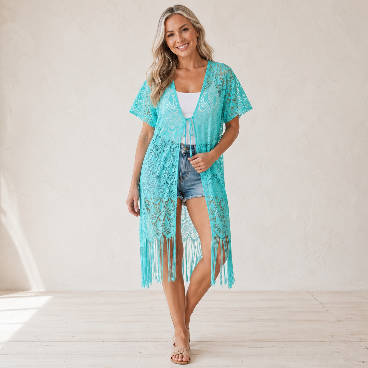 Turquoise Dreams Lace Fringe Kimono