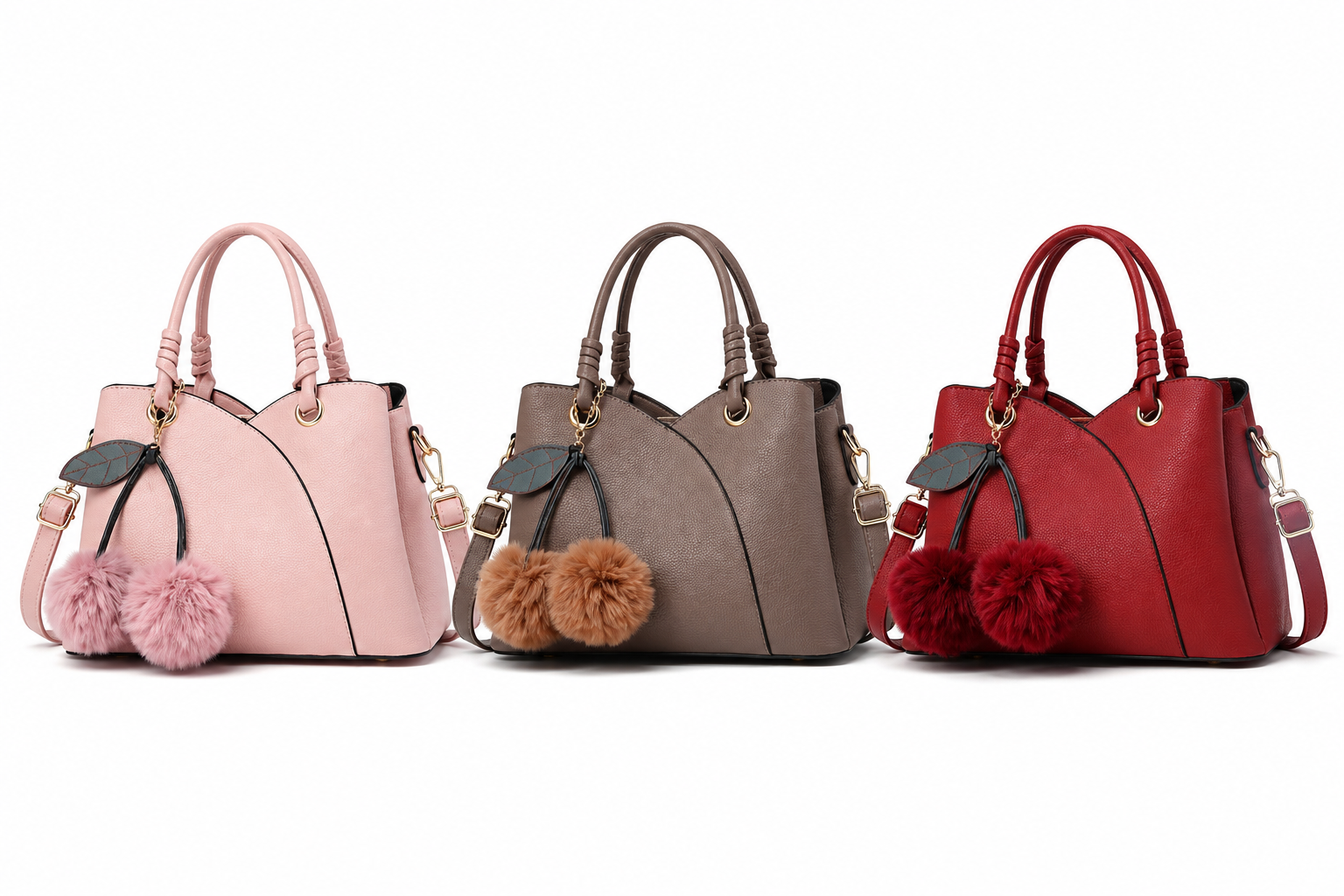 Structured Satchel Handbag for Women – Vegan Leather Crossbody Purse with Top Handles and Pom Charm