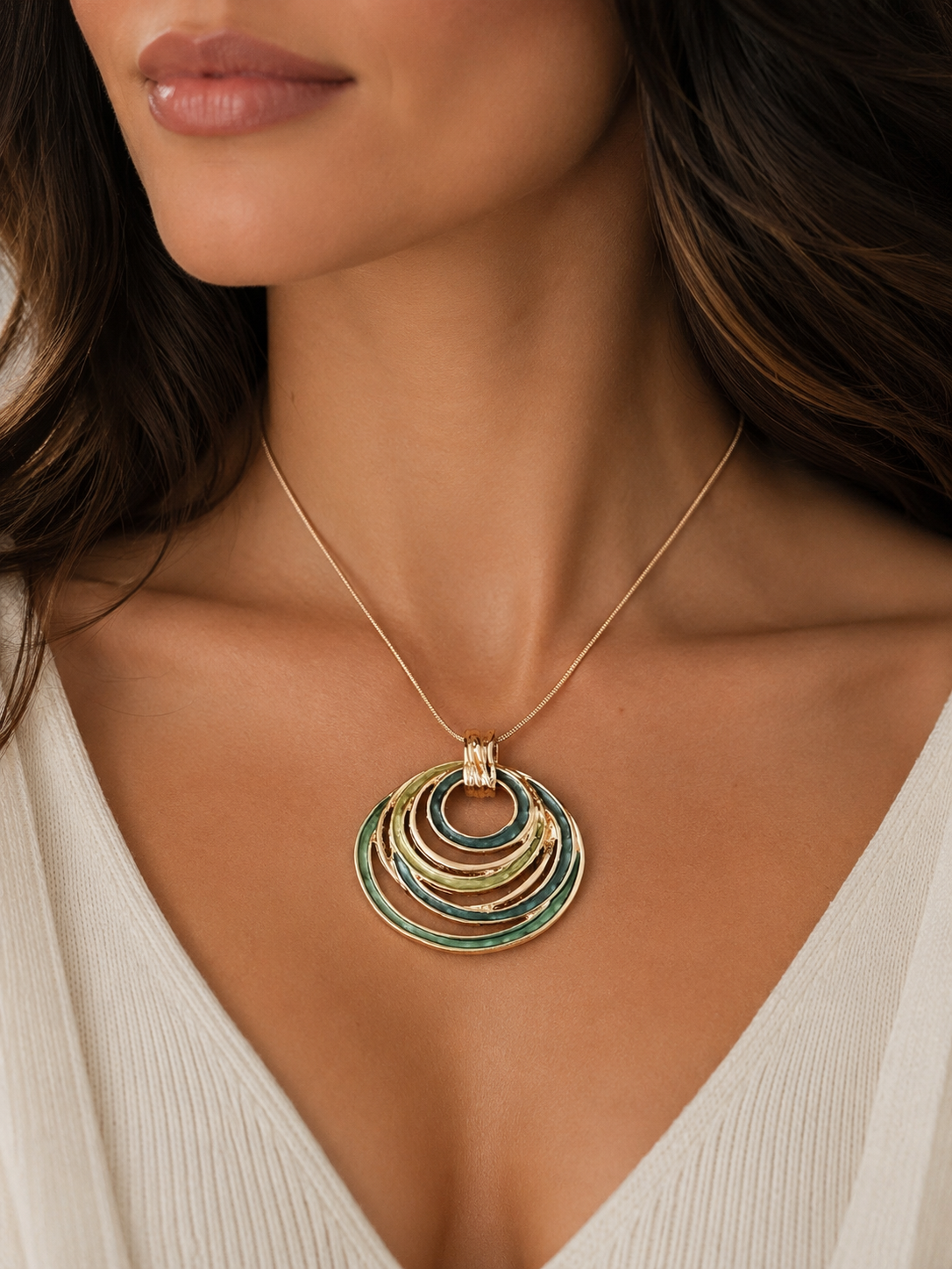 Green Layered Circle Pendant Necklace – Gold Tone Multi Ring Statement Necklace