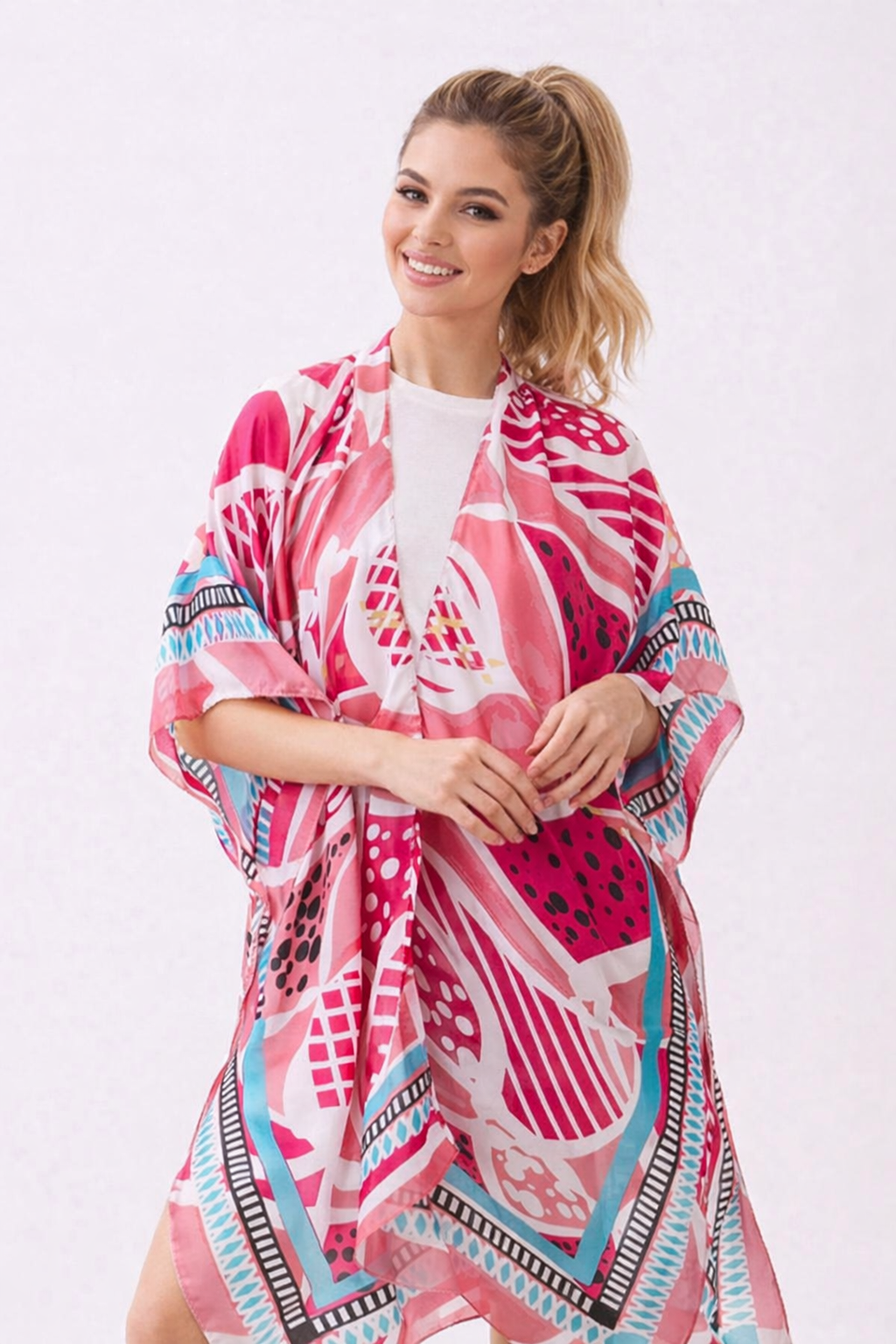 Pink Abstract Print Kimono Cover Up for Women – Lightweight Boho Beach Cardigan