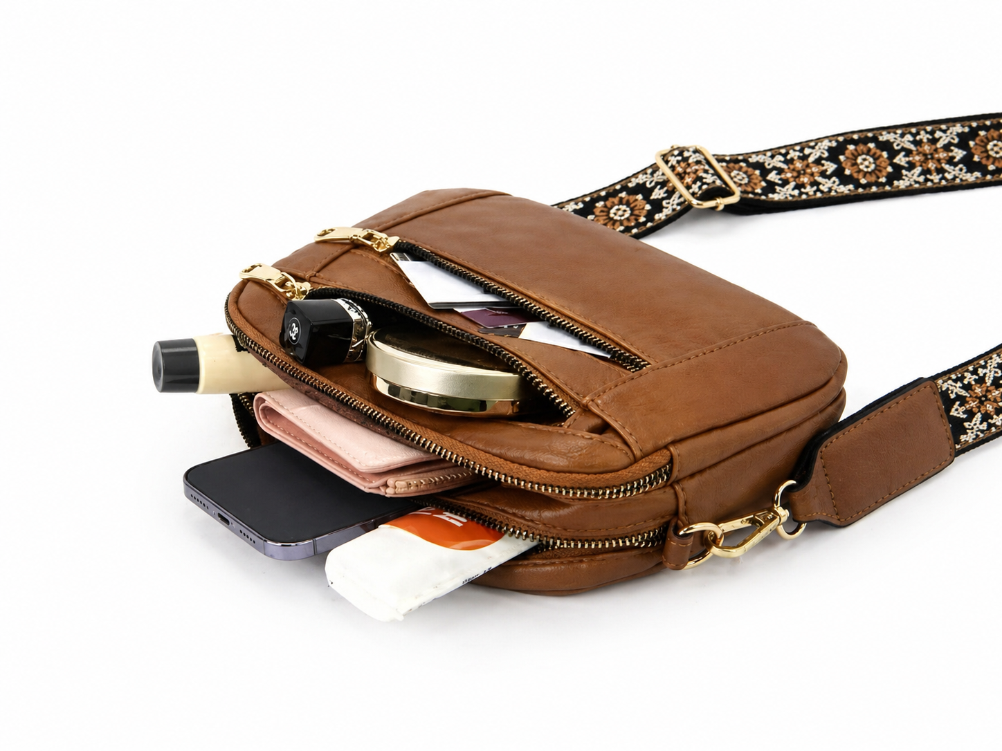 Multi-Pocket Crossbody Bag with Wide Floral Strap – Medium Everyday Shoulder Purse-Multiple color choices