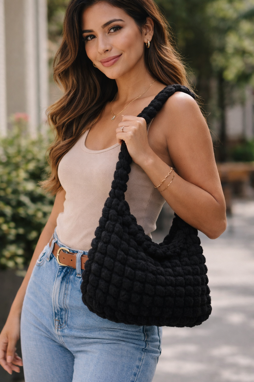 Black Puffer Shoulder Bag – Quilted Nylon Tote Purse for Women, Lightweight Everyday Handbag