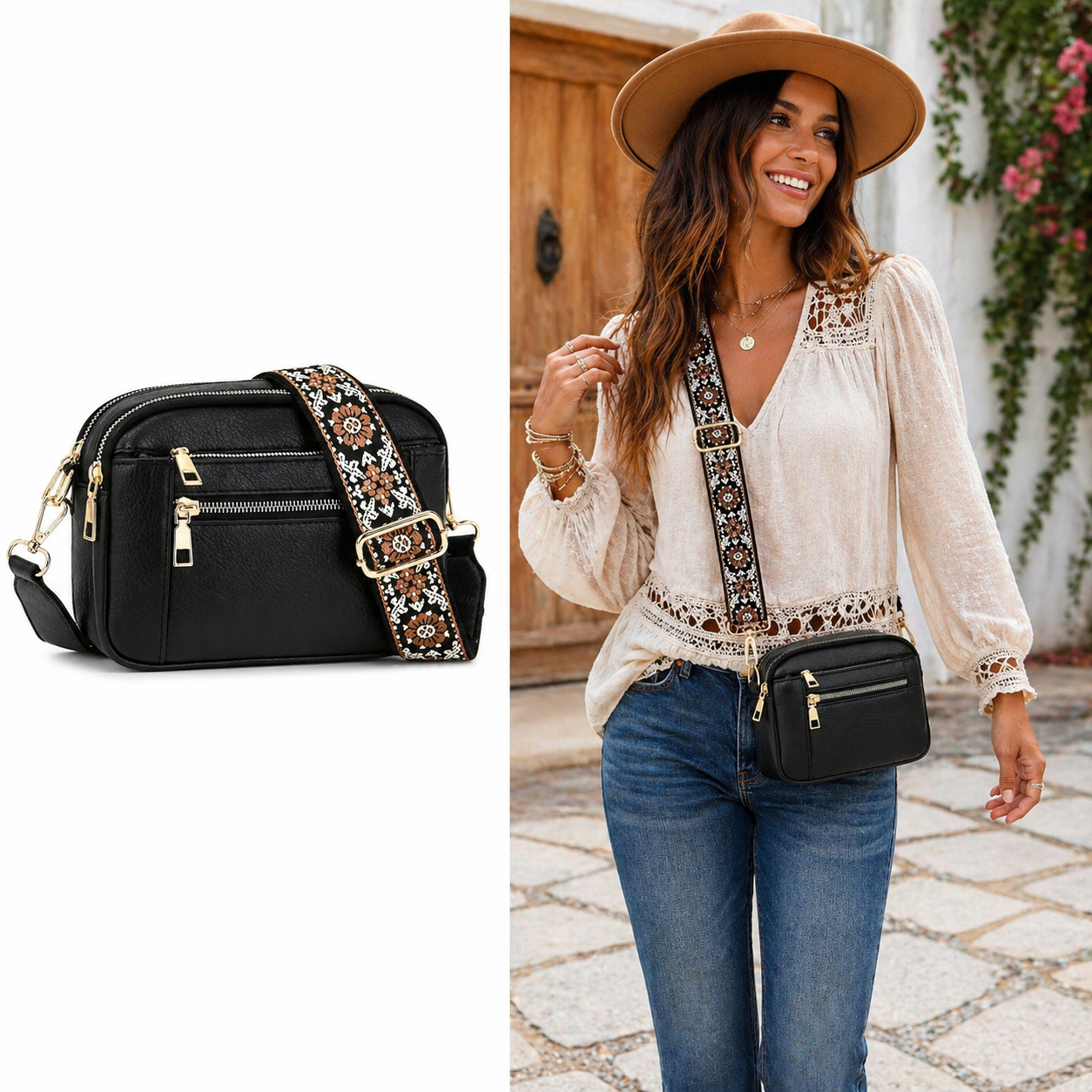 Multi-Pocket Crossbody Bag with Wide Floral Strap – Medium Everyday Shoulder Purse-Multiple color choices