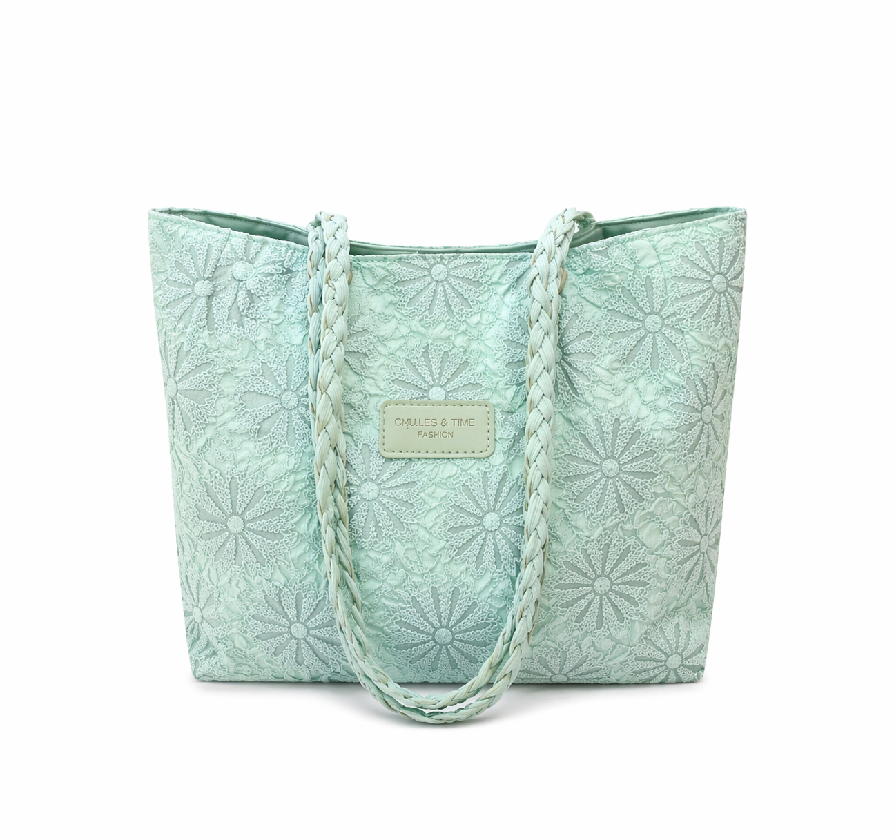 Mint Green Floral Embossed Tote Bag – Braided Handle Shoulder Bag, Lightweight Everyday Handbag