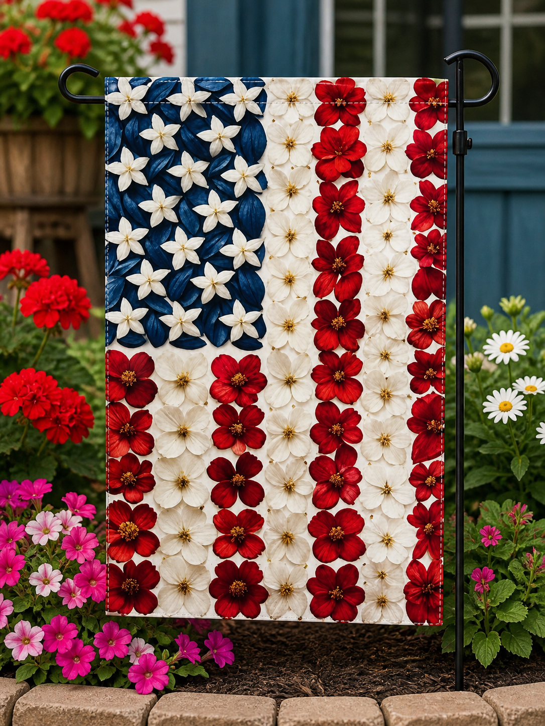 Floral American Flag Garden Flag – Patriotic Red White Blue Flower Outdoor Yard Decor