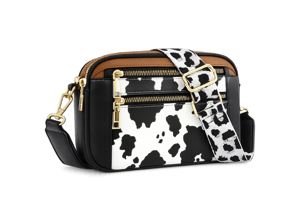 Cow Print & Solid Crossbody Bag with Wide Strap – Multi Pocket Western Style Shoulder Purse (Medium)-Multiple color choices