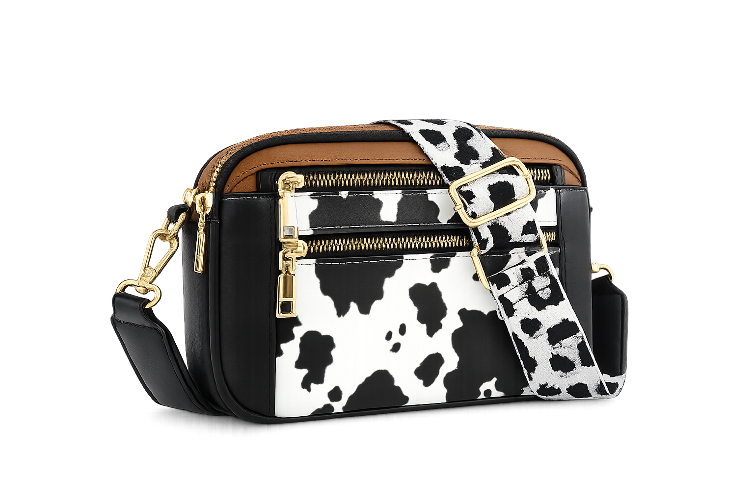 Cow Print & Solid Crossbody Bag with Wide Strap – Multi Pocket Western Style Shoulder Purse (Medium)-Multiple color choices