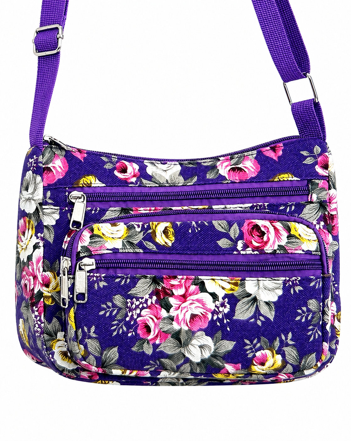 Floral Canvas Crossbody Purse-Adjustable Strap & Multi Zip Pockets