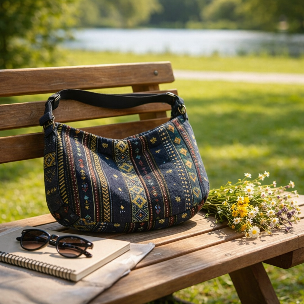 Boho Hobo Shoulder Bag for Women – Navy Geometric Pattern Slouchy Handbag with Adjustable Strap