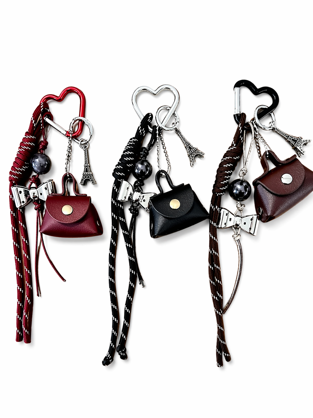 Mini Purse Bag Charm Keychain – Cute Handbag Accessory with Bow, Eiffel Tower & Tassel for Women