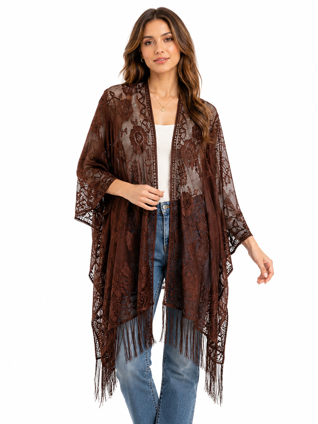 Mocha Lace Fringe Kimono