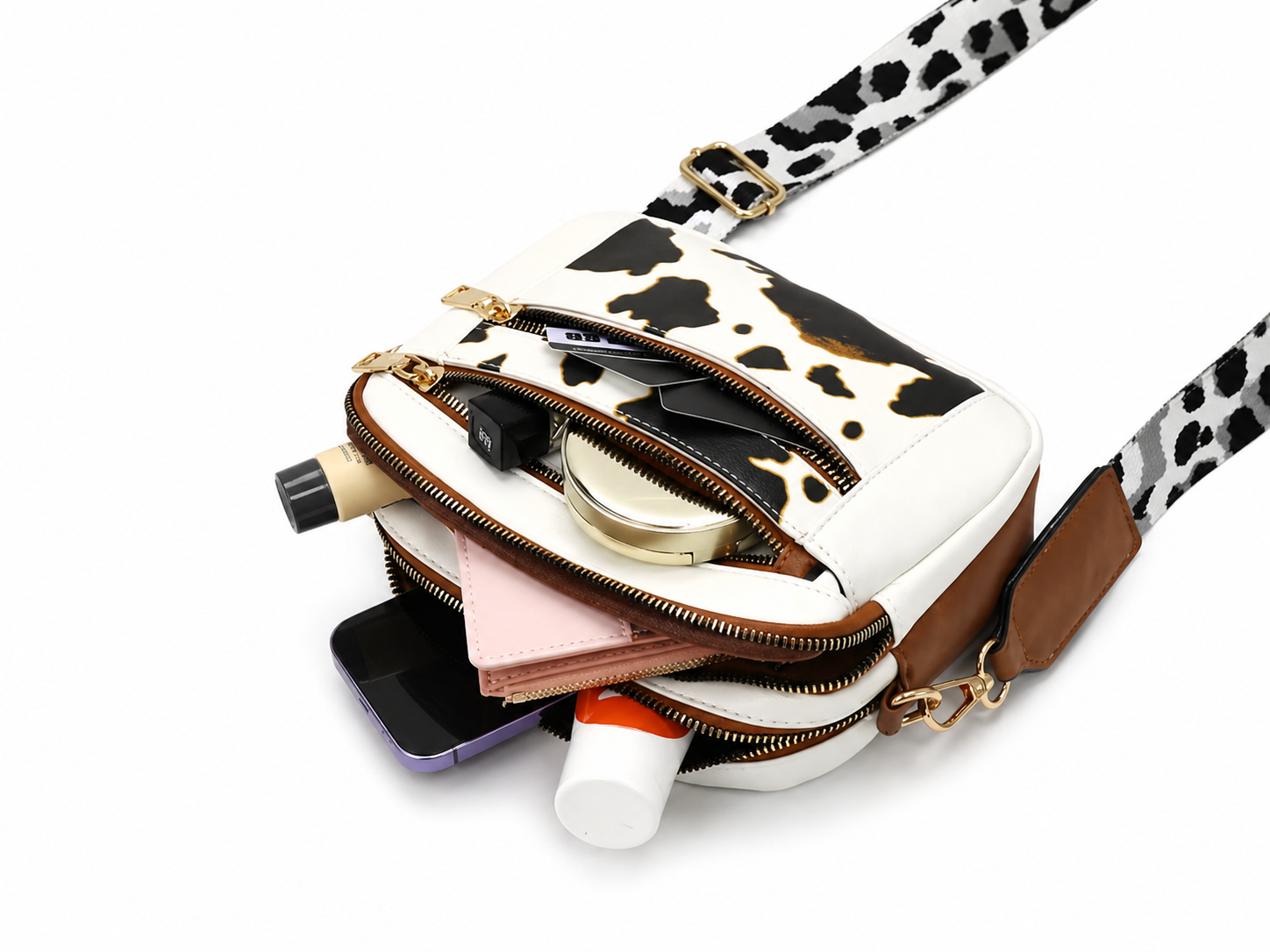 Cow Print & Solid Crossbody Bag with Wide Strap – Multi Pocket Western Style Shoulder Purse (Medium)-Multiple color choices