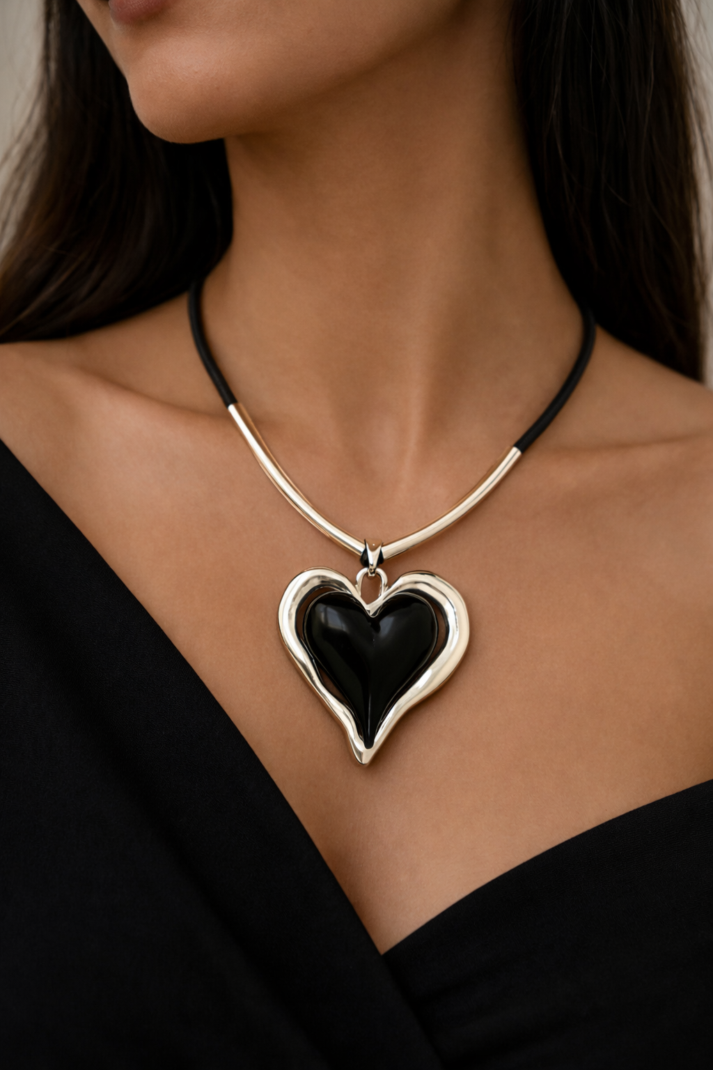 Heart Pendant Necklace on Cord – Statement Gold Tone Necklace (Red & Black Options)