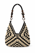 Boho Crochet Hobo Shoulder Bag with Wooden Bead Handle – Black & Cream Handmade Knit Handbag