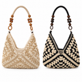 Boho Crochet Hobo Shoulder Bag with Wooden Bead Handle – Multiple Color Options