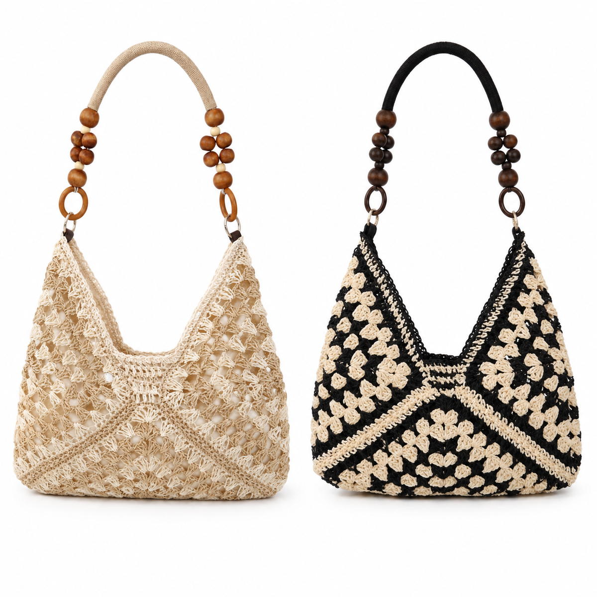 Boho Crochet Hobo Shoulder Bag with Wooden Bead Handle – Multiple Color Options