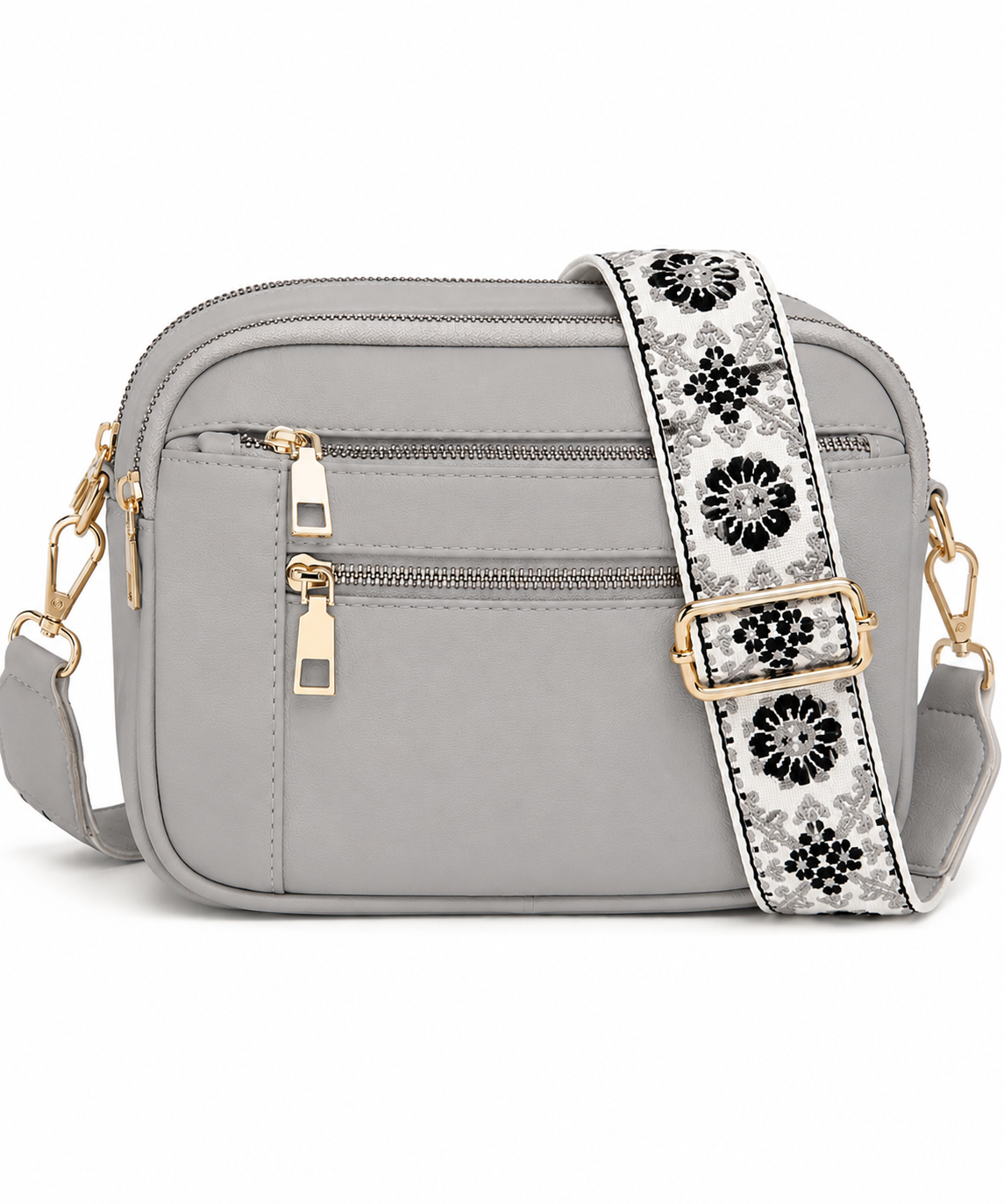 Multi-Pocket Crossbody Bag with Wide Floral Strap – Medium Everyday Shoulder Purse-Multiple color choices
