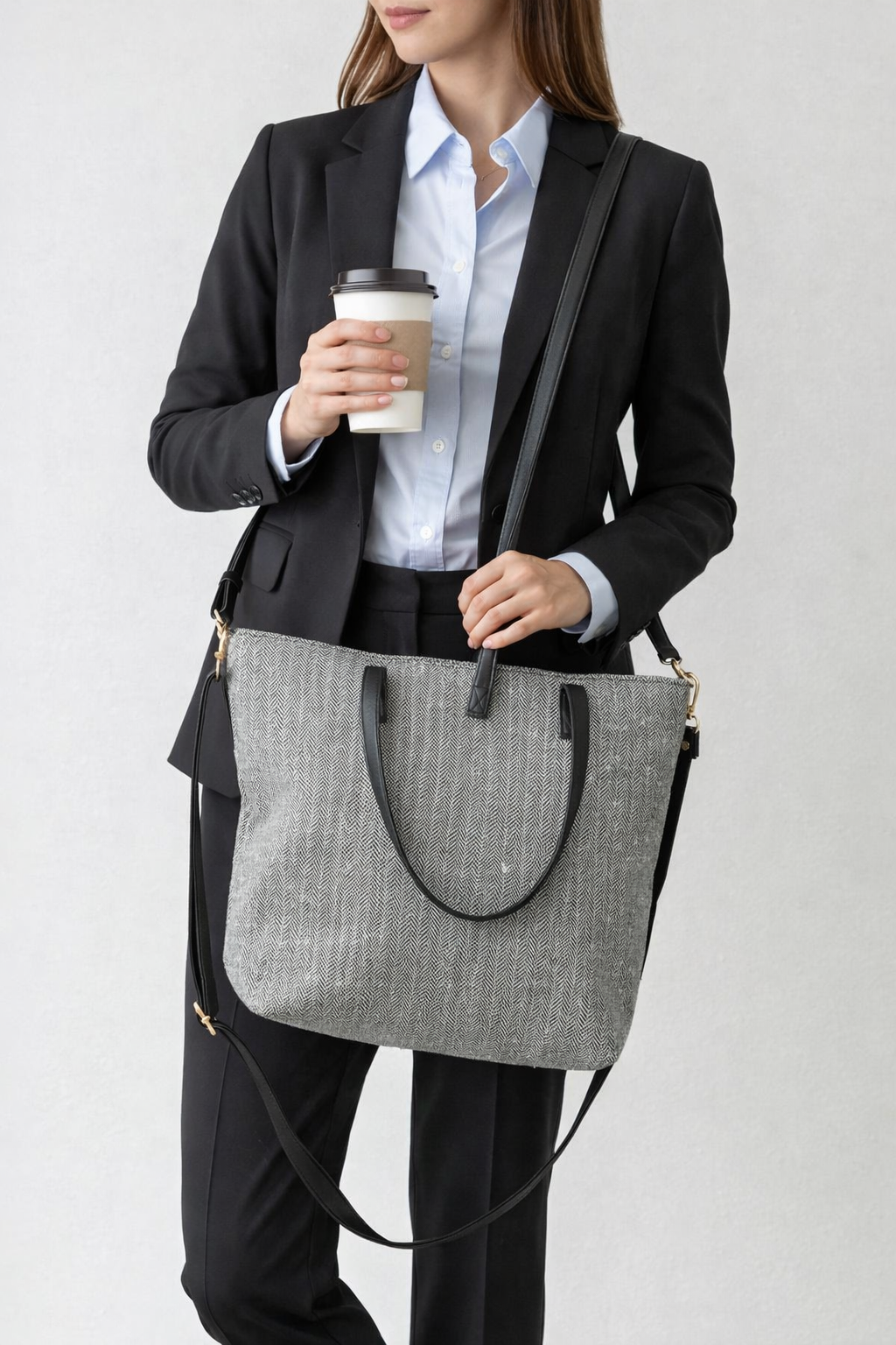Black Herringbone Tote Bag