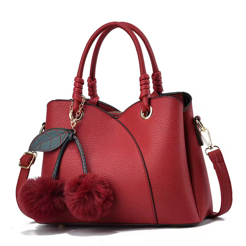 Structured Satchel Handbag for Women – Vegan Leather Crossbody Purse with Top Handles and Pom Charm