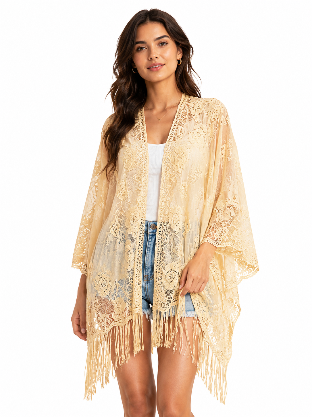 Golden Sands Lace Fringe Kimono