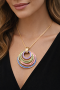 Colorful Layered Circle Pendant Necklace – Gold Tone Multi Ring Statement Necklace