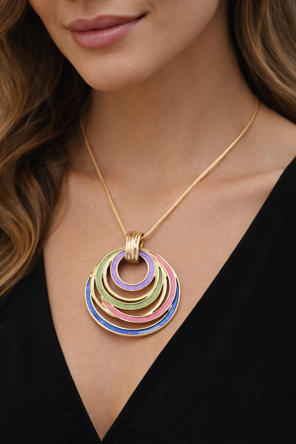 Colorful Layered Circle Pendant Necklace – Gold Tone Multi Ring Statement Necklace