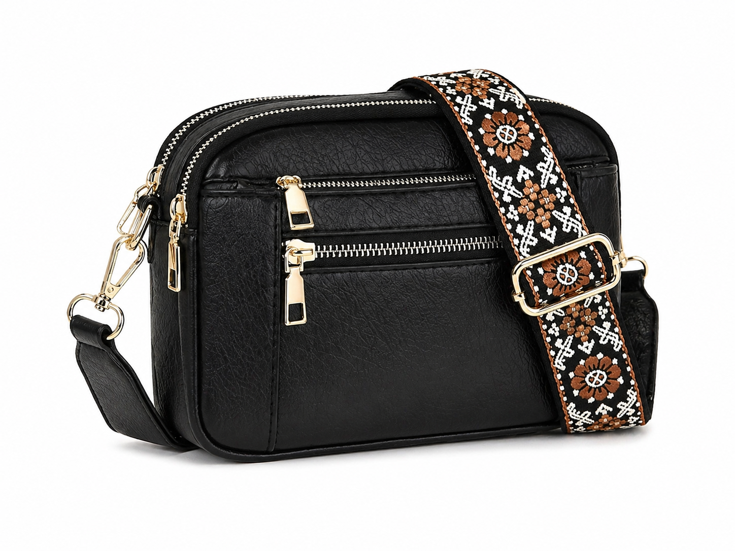 Multi-Pocket Crossbody Bag with Wide Floral Strap – Medium Everyday Shoulder Purse-Multiple color choices